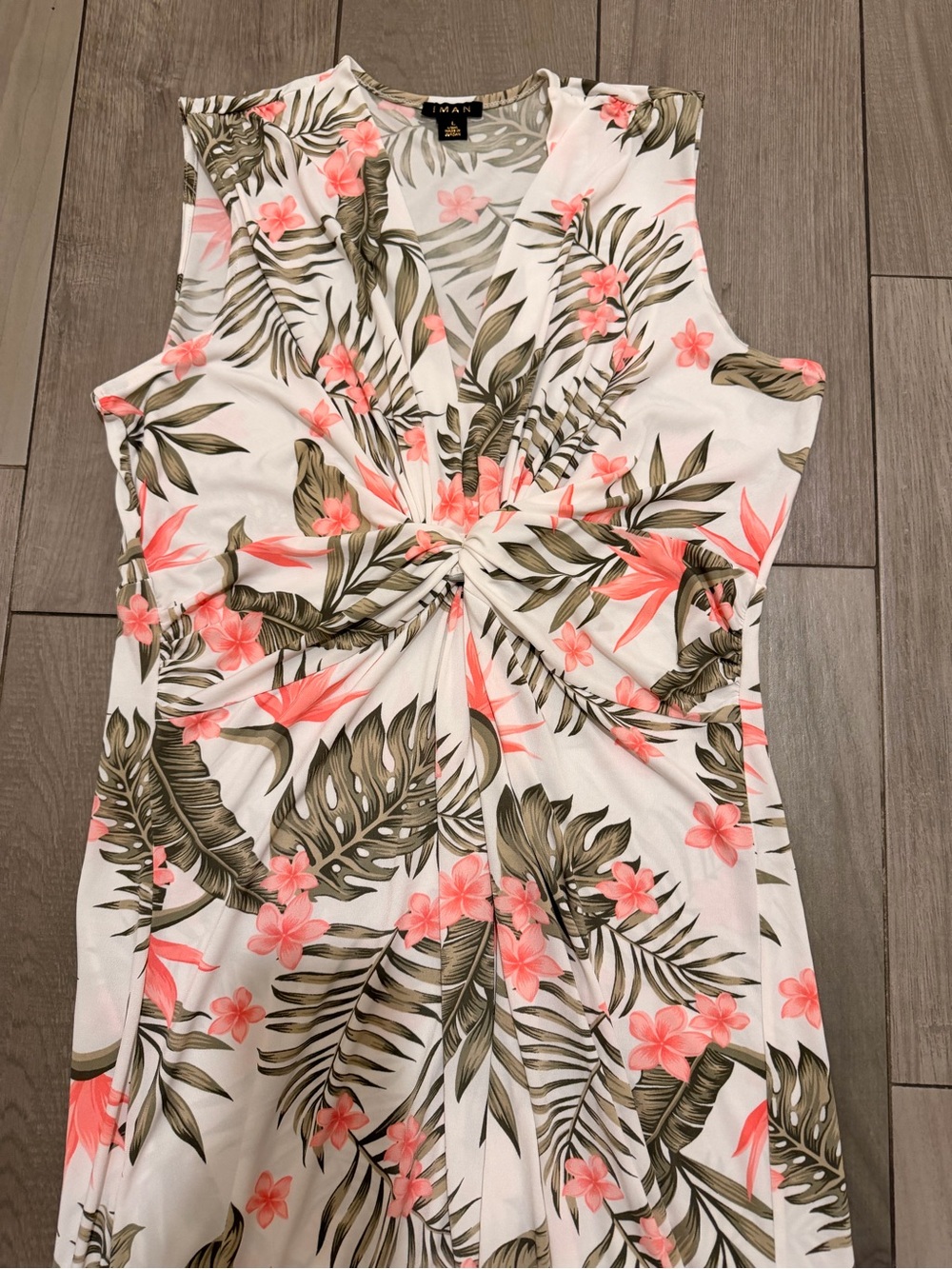 IMAN Coral Floral Wrap Dress with Olive Palm Print